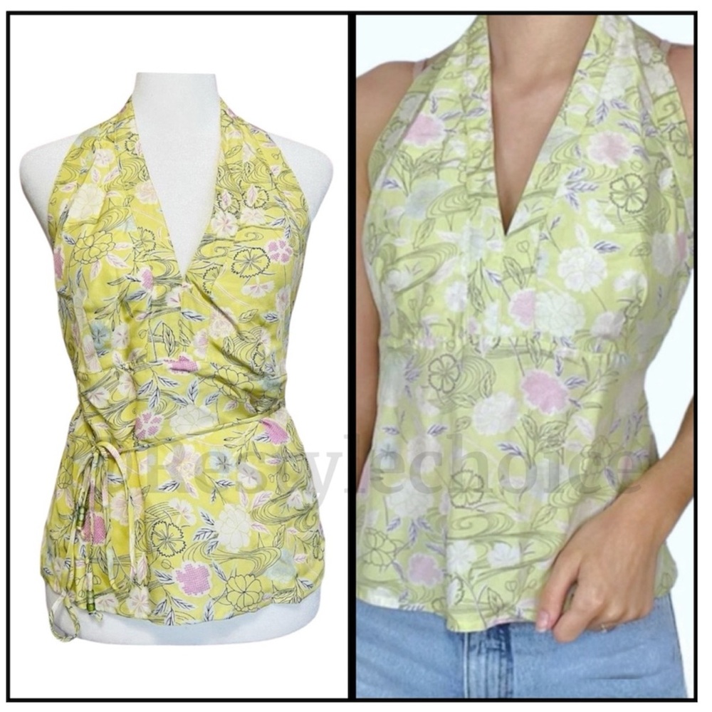 NWOT rare GAP 1990 summer silk halter neck Top Floral chartreuse